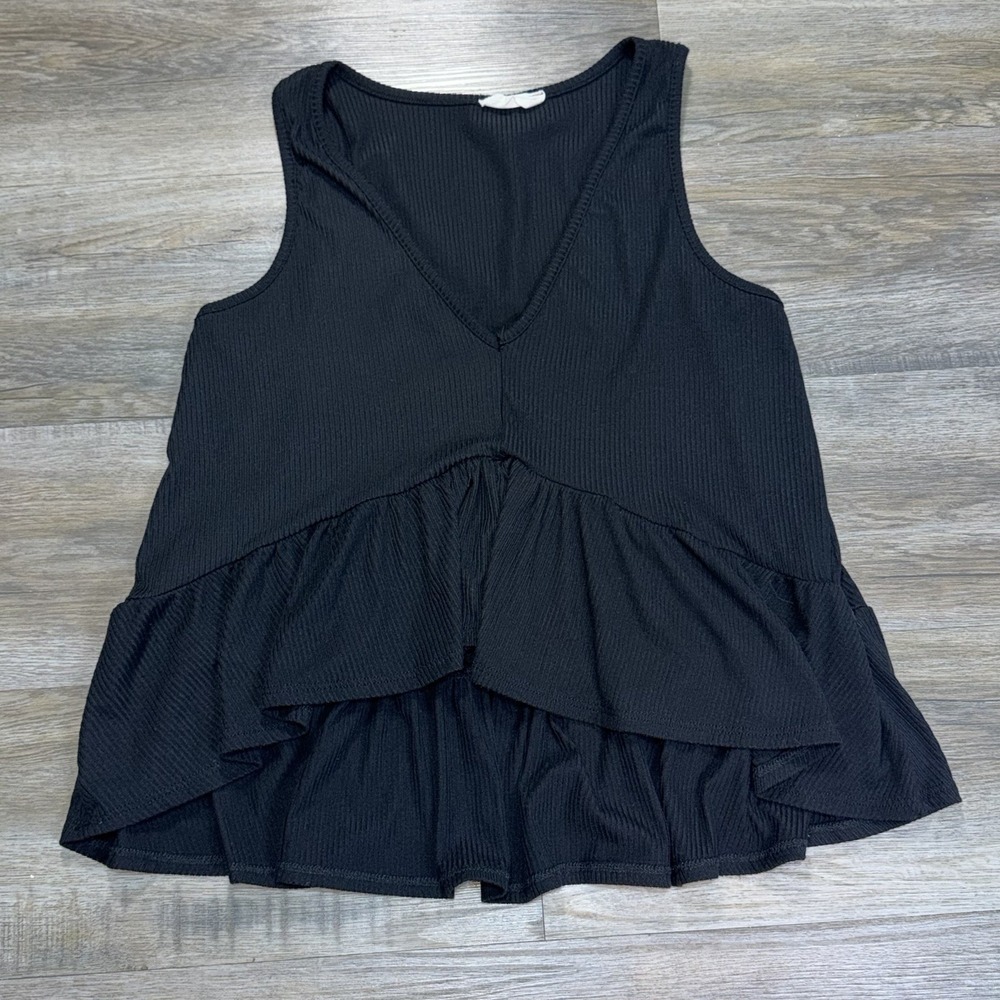 Altar'd State Black Ribbed V-Neck Tank Top Women Small Flowy Layered Tiered Hem